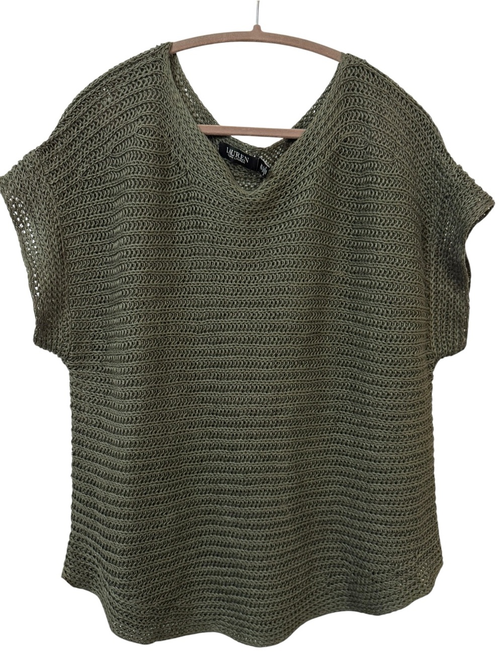 Ralph Lauren Linen Cotton Open Weave Shoet Sleeve Knit Top Summer Sweater Forest
